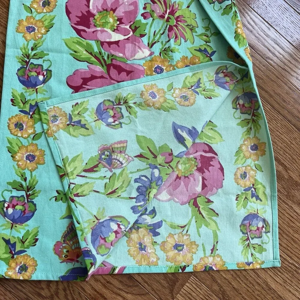 April Cornell Pennys Patio Table Runner Teal Pink Cotton 16x90 Butterfly Cottage